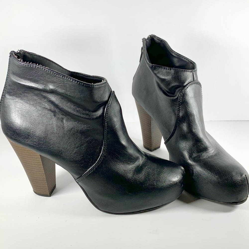 Black faux Leather boots w/ wooden heels